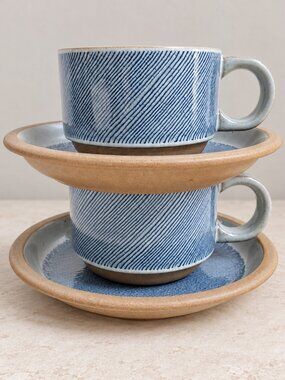Midwinter Wedgwood Denim Teacup Saucer Set of 2 Blue Brown Stoneware Vintage